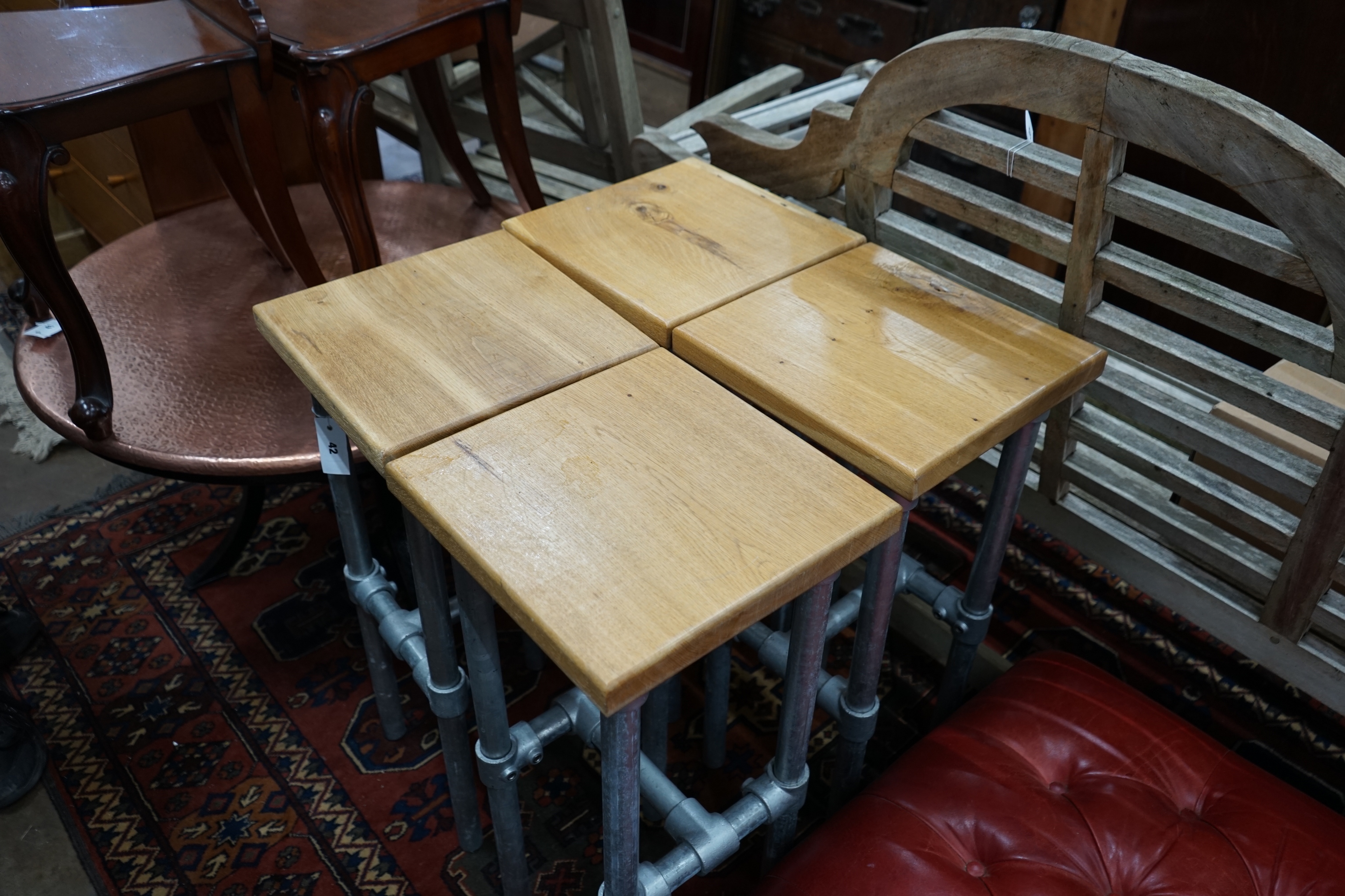 A set of four Industrial style oak and scafford pole bar stools, height 75cm